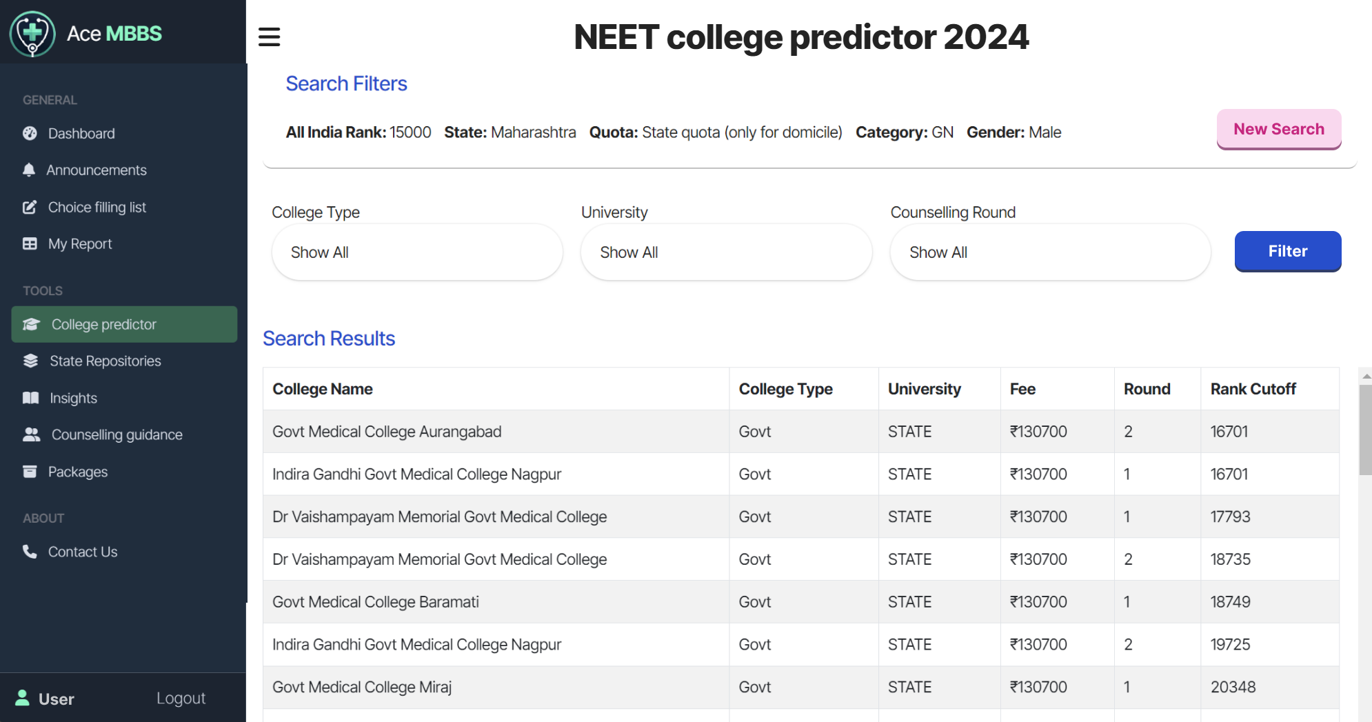 NEET College Predictor Tool - Ace MBBS