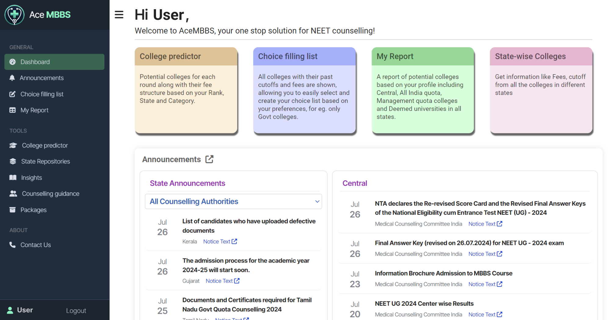 NEET Counselling Dashboard - Ace MBBS